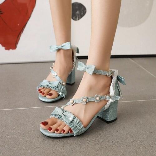 US4-11 Womens Lolita Open Toe Bowknot Lace Pearls Kawaii Cosplay Shoes Sandals Mid Heel Plus Size 34-45 Mary Janes New 2021