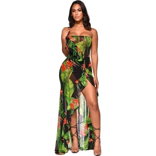 Leaves printed sexy strapless maxi dress women ruffles side high slit dress beach style sexy print long dress DK9336