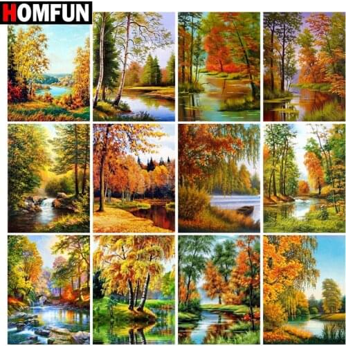 HOMFUN Diy Full Square Round Drill 5D Diamond Painting Cross Stitch Diamond Embroidery "Autumn tree landscape" Home Decor Gift