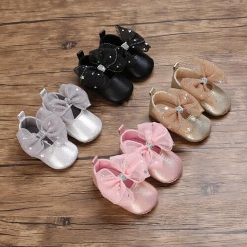 Bowknot Shining Baby Girls Leather Crib Shoes Cute Newborn First Walker Shoes Infant Princess Soft Sole Bottom Anti-slip Shoes