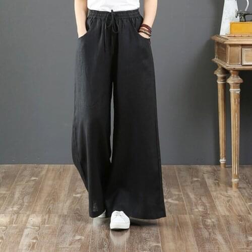 Cotton Linen Women Summer Wide-leg Trousers Loose Tight High Waist Large Size Thin Drawstring Linen Straight Casual Pants