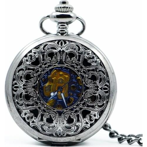 Antique Hollow Black Roman Numerals Skeleton Gears Hand Wind Mechanical Pocket Watch Men Women Watch Fob Pocket Chain