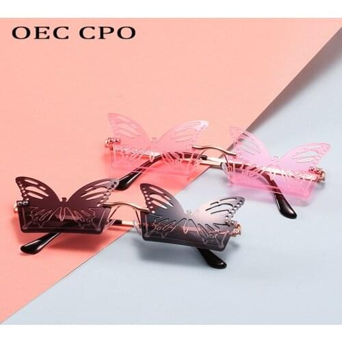 OEC CPO Unique Butterfly Rimless Sunglasses For Women Trend Sun Glasses Female Party Transparent Pink Red Glasses Eyewear O803