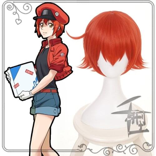 Cells at Work Red Blood Cell Cosplay Wig Short Costume Synthetic Hair Halloween Costume RBC Seqkeqkyuu Play Wigs + Wig Cap