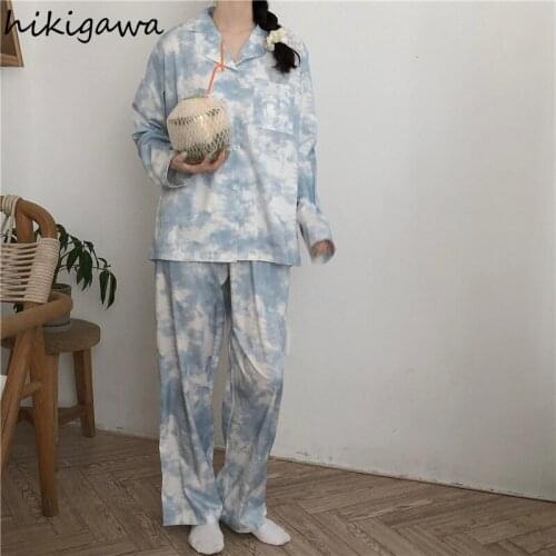 Hikigawa Pajamas Women 2021 Autumn Long Sleeve Trousers Loose Fashion Blue Tie-dye Casual Sleepwear Student Cute Home Service