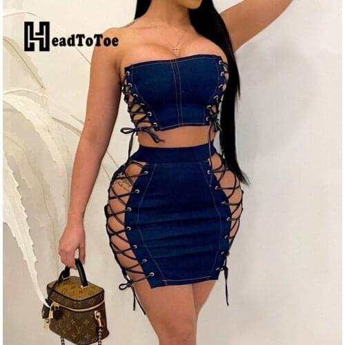 Sexy Bandage Strapless Denim Crop Tops & Bodycon Skirts Set Summer Women Two Piece Set