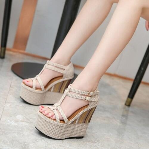 Hot Selling Women Sandals Shoes Khaki Wedge Sandals T Strap Peep Toe Platform Shoes Sandals Size 33-40
