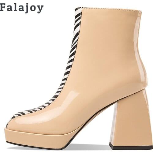 Falajoy Chunky High Heeled Booties Zebra Print Patent Leather Brand Designer Ankle Boots Platform Fashion Shoes Woman Plus Size