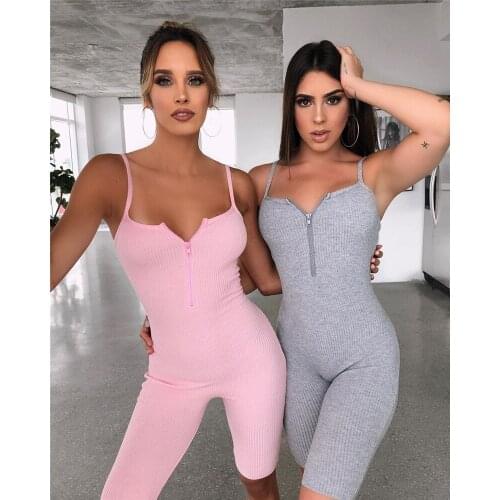 2020 Sexy Short Jumpsuit Women Summer V Neck Front Zipper Jumpsuits Rompers Playsuit Strap Slim Bodysuit Sport Shorts Body mujer