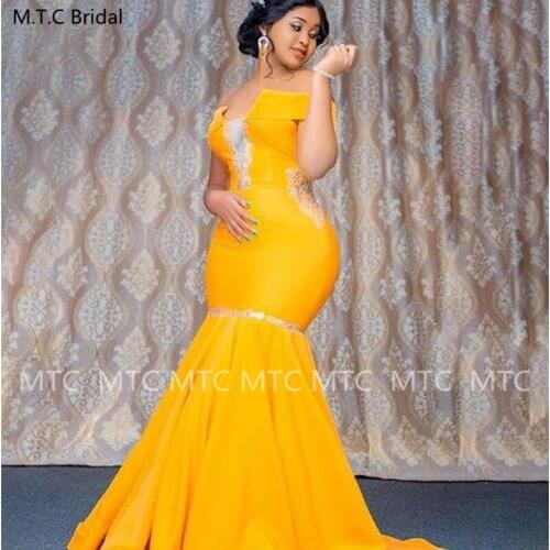 Off The Shoulder Gold Mermaid Prom Dresses Appliques Satin Corset Black Girls Graduation Party Prom Long Gowns Custom Made