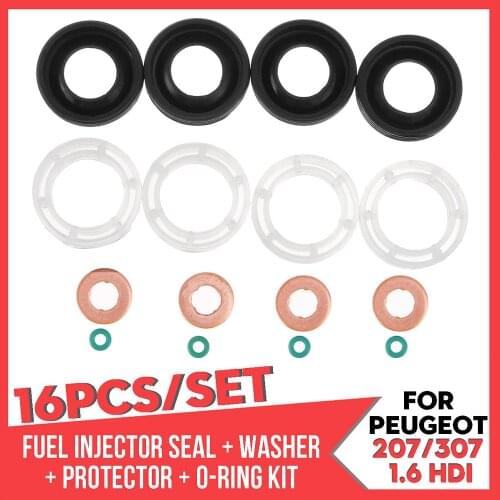 16PCS Car FUEL INJECTOR SEAL+PROTECTORS+WASHER+O-RING FOR PEUGEOT 207/307/407 EXPERT PARTNER TEPEE 1.6 HDI 2004+ #3M5Q-9R524-AA