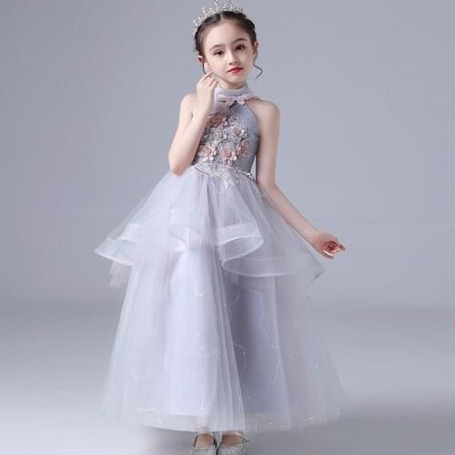 Flower Girl Dresses Halter Sequined Appliques Sleeveless Lace Tulle Embroidery Pearls Princess Knee-Length Kids Party Gown H340