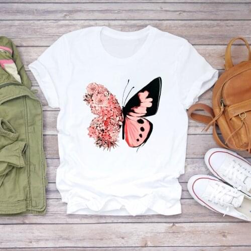Women Summer Butterfly Elegant Flower Floral Lady Fashion Print T-shirts Top T Shirt Ladies Womens Graphic Female Tee T-Shirt