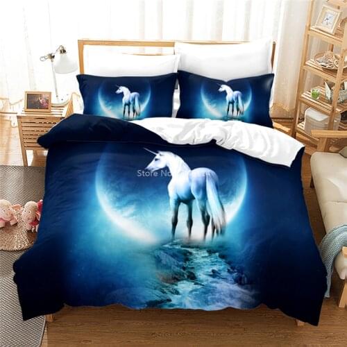 2/3pcs Unicorn Horse Moon Duvet Cover Set Twin Full Queen King Size Bedding Set Bedclothes Bed Linens for Kids Adults Bedroom