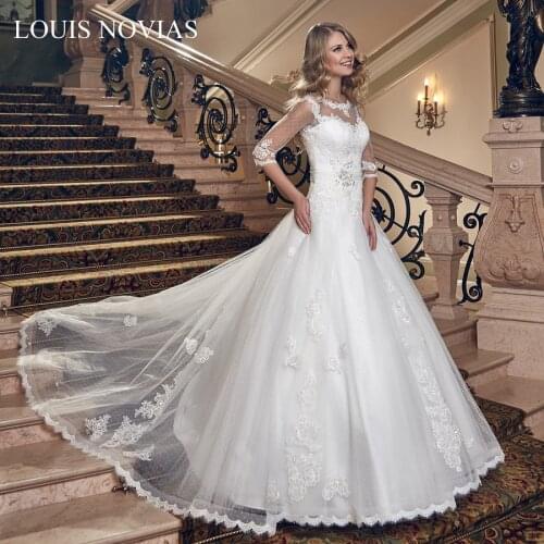 LOUIS NOVIAS Lace Wedding Half Sleeve Fairy Embroidery High Quality and Elegant Beading Belt Dress Full Wedding Party Dress