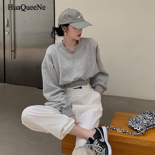 Moletom Moda Feminina Cor Sólida Curta Manga Longa Algodão Top Moletom Feminino Frete Grátis sweatshirt female