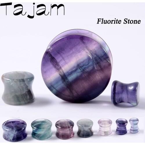 1Pair Natural Fluorite Stone Double Solid Flared Plug Ear Tunnel Gauge Aurora Stone Ear Expander Weight Body Piercing Jewel