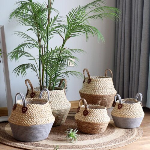 Hand Woven Storage Bakset Flower Plant Pot Garden Seaweed Wicker Basket For Dirty Cloth Laundry Living Room Decorations