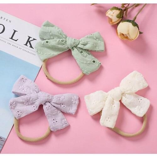 Baby Bows Headband Cotton Linen Girls Embroidery Headbands Thin Nylon Infant Traceless Hairbands Cute Newborn Hair Accessories