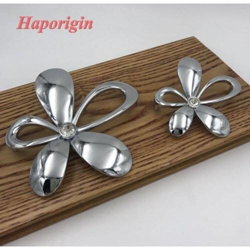 2x Silver Flower Kitchen Cupboard Handles Cabinet Handles with Crystal Drawer Knobs Furniture Pulls Bars Knob Haporigin Hardware