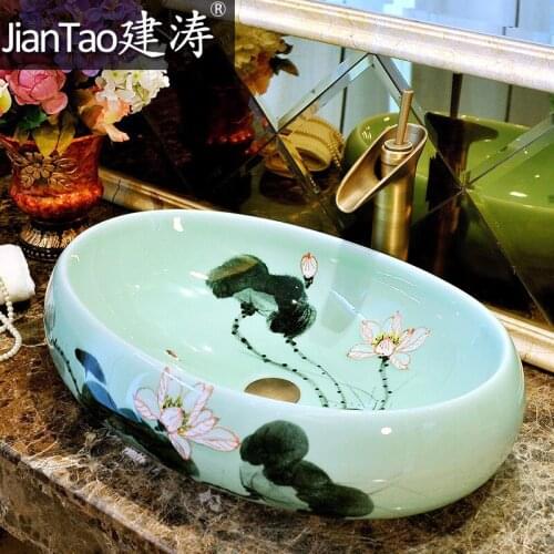 Enlarged oval ceramic art washbasin, above counter basin, washbasin, ink lotus