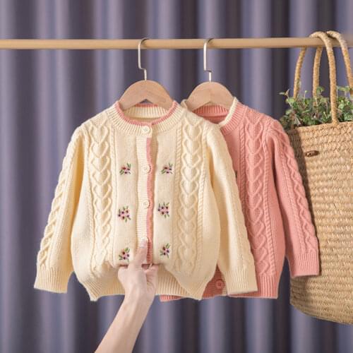Girls sweater cardigan jacket spring and autumn 3-11 years old childrens knit sweater Lace collar Embroidered flowers sweater