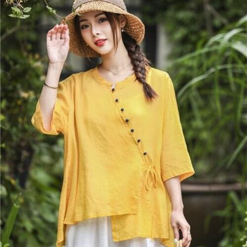 Ladies Chinese Tops Vintage T Shirt Women Long Sleeve Cotton Linen V Neck Loose Tee Shirt Chinese Style Clothing Women 11084