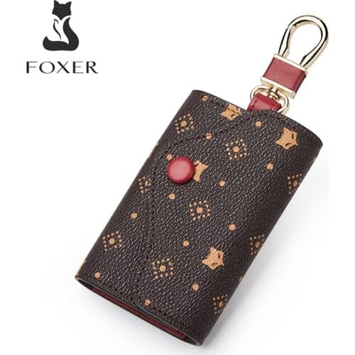 FOXER PVC Leather Small Key Case for Women Vintage Style Signature Card Bag Casual Girls Mini Key Bag Monogram Lady Coin Pocket