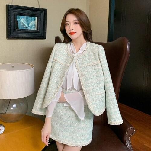 Fall Winter Small Fragrance Vintage Green Plaid Tweed Two Piece Set Women Single-Breasted Woolen Short Jacket Coat + Mini Skirt