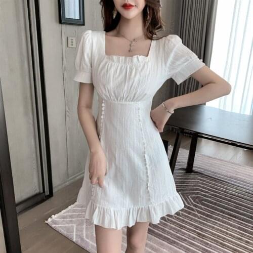 2021 Summer Dress Female A-Line Solid Color Sexy Dresses Elegant Party Dress Fashion Robe Femme New French Retro Style 14113
