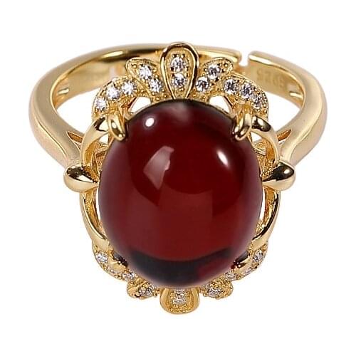 S925 sterling silver gold-plated natural blood amber ring affordable luxury fashion dignified hollow Womens Open ring