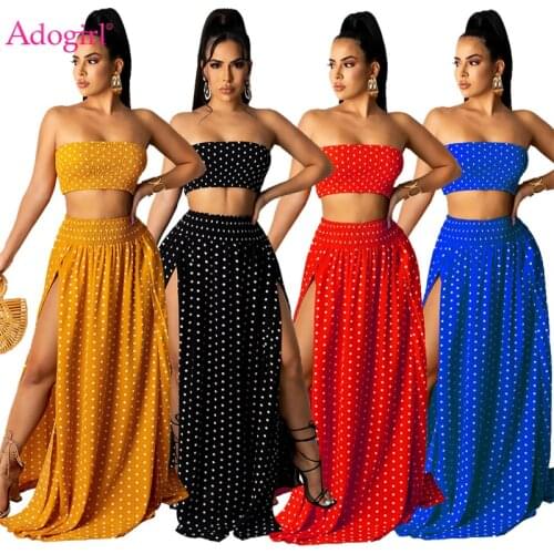 Adogirl Women Polka Dots Print Beach Dress Two Piece Set Strapless Crop Top High Split Maxi Skirt Fashion Sexy Party Suit