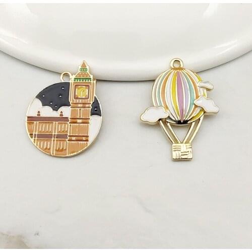 10pcs London Big Ben Hot Air Balloon Charms Metal Pendant Golden Earring DIY Jewelry Accessories