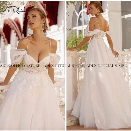 ADLN Elegant Spaghetti Straps Boho Wedding Gown Illusion Bodice Lace Bridal Dress A Line Sweep Train Corset suknia ślubna