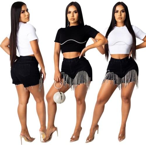 Sparkling Women Hot Drilling Tassels Shorts Jeans Clubwear 2021 Summer Latest High Waist Black Party Ladys Skinny Denim Shorts