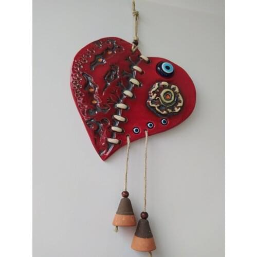Ceramic Red Heart with Evil Eye Turkish Handmade Ornament Amulet for Wall Hanging Boho Home Decor Made in Turkey