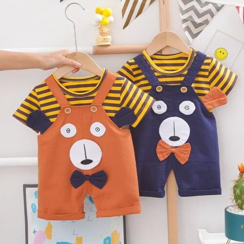Baby boy clothes set summer new cartoon bear cute short-sleeved shorts 2 pcs baby boy casual striped T-shirt suit infant clothes