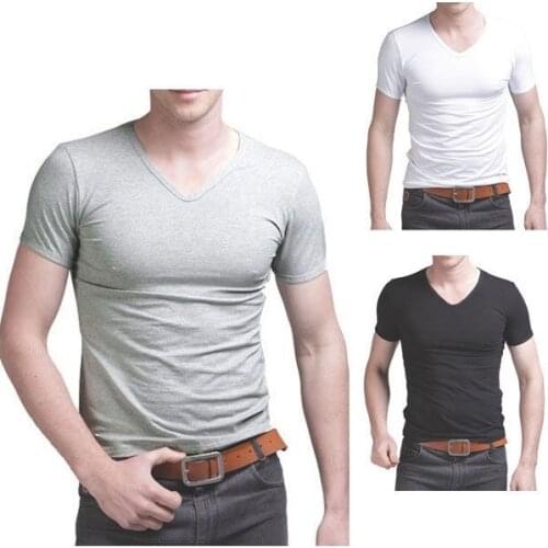 Mens V Neck Short Sleeve T-Shirt White Black Grey Casual Slim Tee