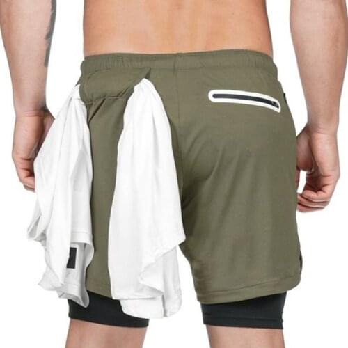 2020 Mens 2 In 1 Workout Running Shorts Gym Sport Compression Tights with Phone Pocket Towel Loop