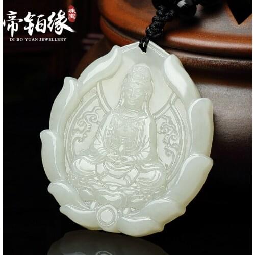 Natural white jade pendant top brand hand-carved guanyin lotus hand jade pendants brand men women jadeite jade jewelry