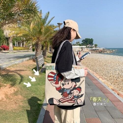 Disney Mickey Mouse new cartoon embroidery trend student large-capacity one-shoulder canvas bag ladies portable shopping bag