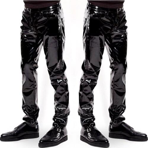 New Men Sexy Black Wetlook PVC Stage Wear Faux Leather Pencil Pants Skinny Latex Leggings Pole Dance Club Wear