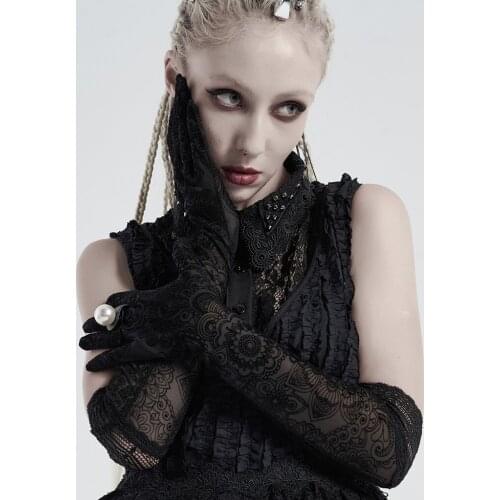 PUNKRAVE Womens Gothic Lace Mesh Mittens Unique Fashion Stage Performance Party Shown Fingerless Long Gloves