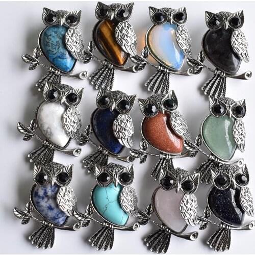 Fashion Vintage copper Plated Owl cute natural tiger eye stone onyx opal pendants for jewelry making wholesale 12pcs/lot free