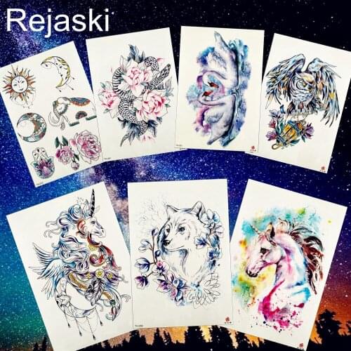 REJASKI Sun Moon Rose Peony Flower Rose Tattoo Sticker Wing Unicorn Fox Owl Watercolor Tattoos Body Art Arm Tatoo Temporary