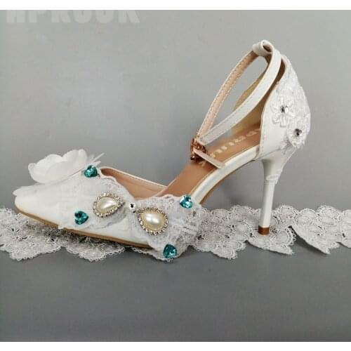 Sexy plus size summer white lace pumps shoes woman ankle straps pointed toe butterfly-knot female ladies dancing dress pumps