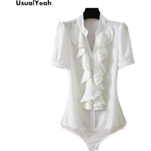 On Sale! Women Short Sleeve Body Shirt Ruffles Blouse Fashion Office Shirts V-Neck Chiffon Summer Tops Beige
