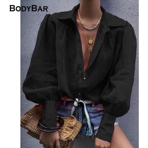 Spring Autumn Women Long Lantern Sleeve Shirt Solid Color Turndown Button Loose Top For Ladies New Arrivals Elegant Blouses XL