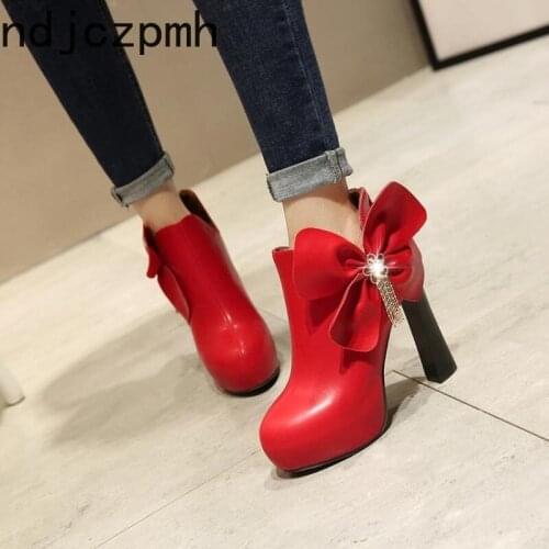 Ankle Boots The New Fashion Winter Round Head Bow Tassel Zipper Crystal High Heel Short Tube Womens Shoes Plus Size 31-43 Black