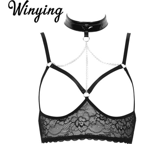 Womens Erotic Open Cups Bra Floral Lace Sheer Hot Sexy Lingerie Halter Adjustable Straps Wire-free Unlined Transparent Bra Tops